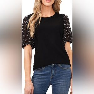 CECE Clip Dot Short Sleeve Knit Top, Black, Size XL